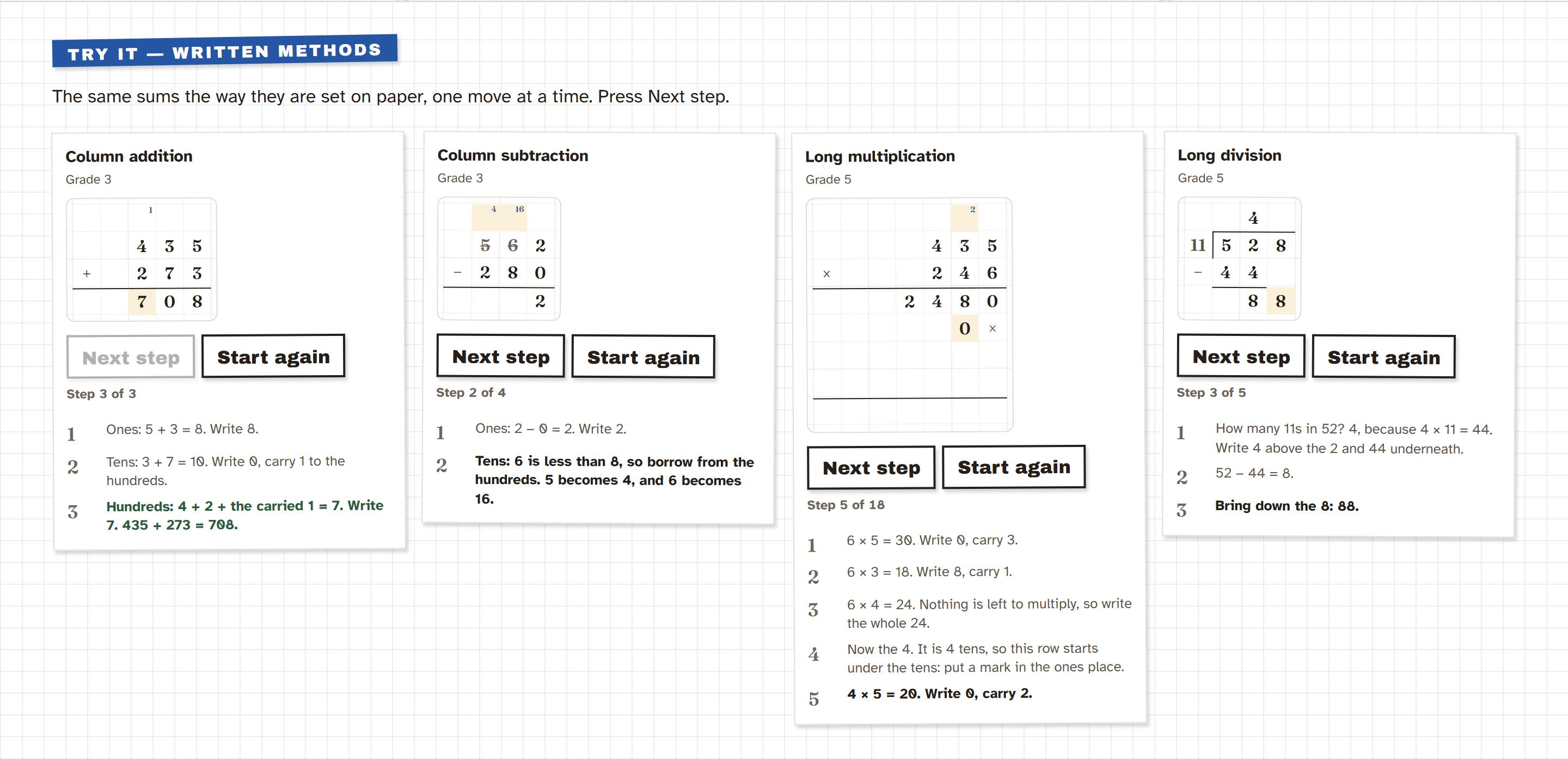 The four written methods, part-way through each sum.