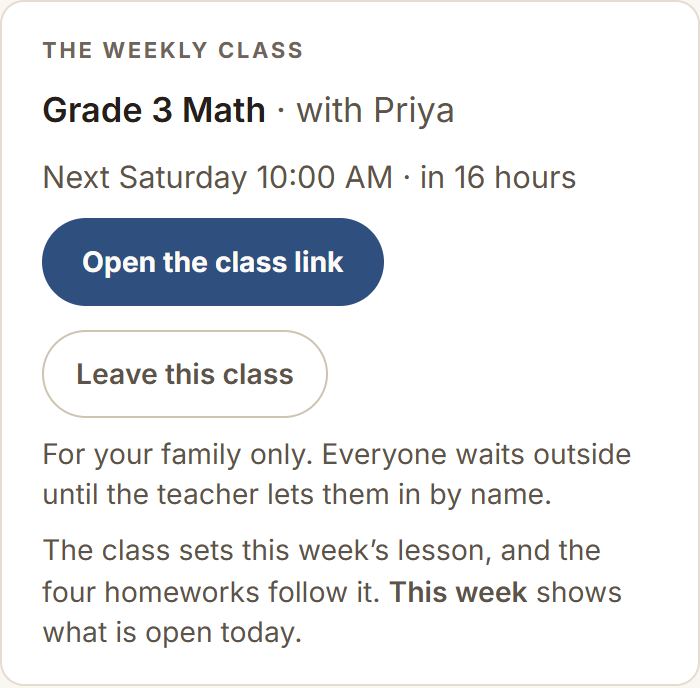 A class on the family page, with when it next meets and the way in.
