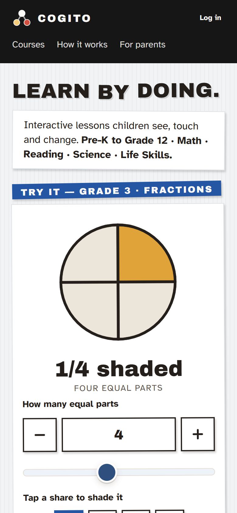 The home page. The offer is near the top, the lessons you can try are under it, and the course list is below that.