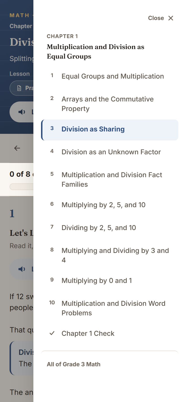 The same list on a phone, opened from the button in the corner.