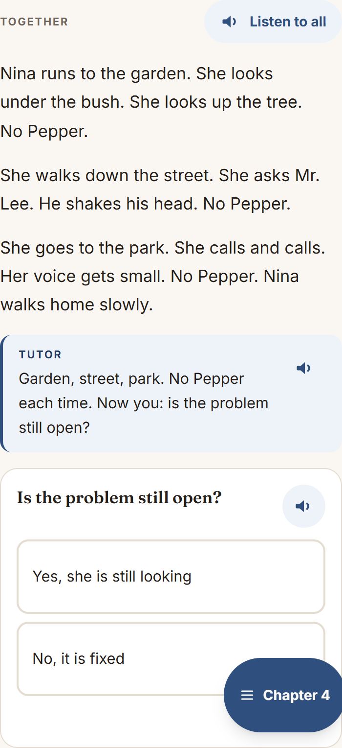 One part of the story, the tutor's line, and one question.
