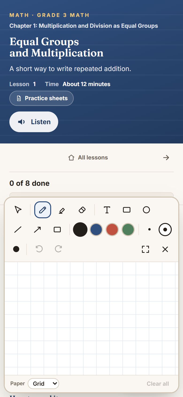 The pad, opened on a lesson. It covers part of the page and closes again when you are done.