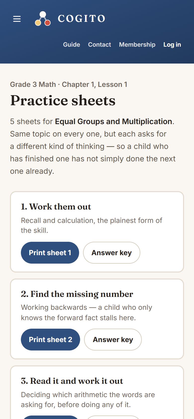 The practice sheets for one lesson, each with an answer key.