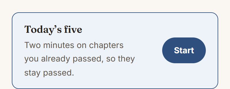 The card on the home page. It only appears once a chapter check has been passed.